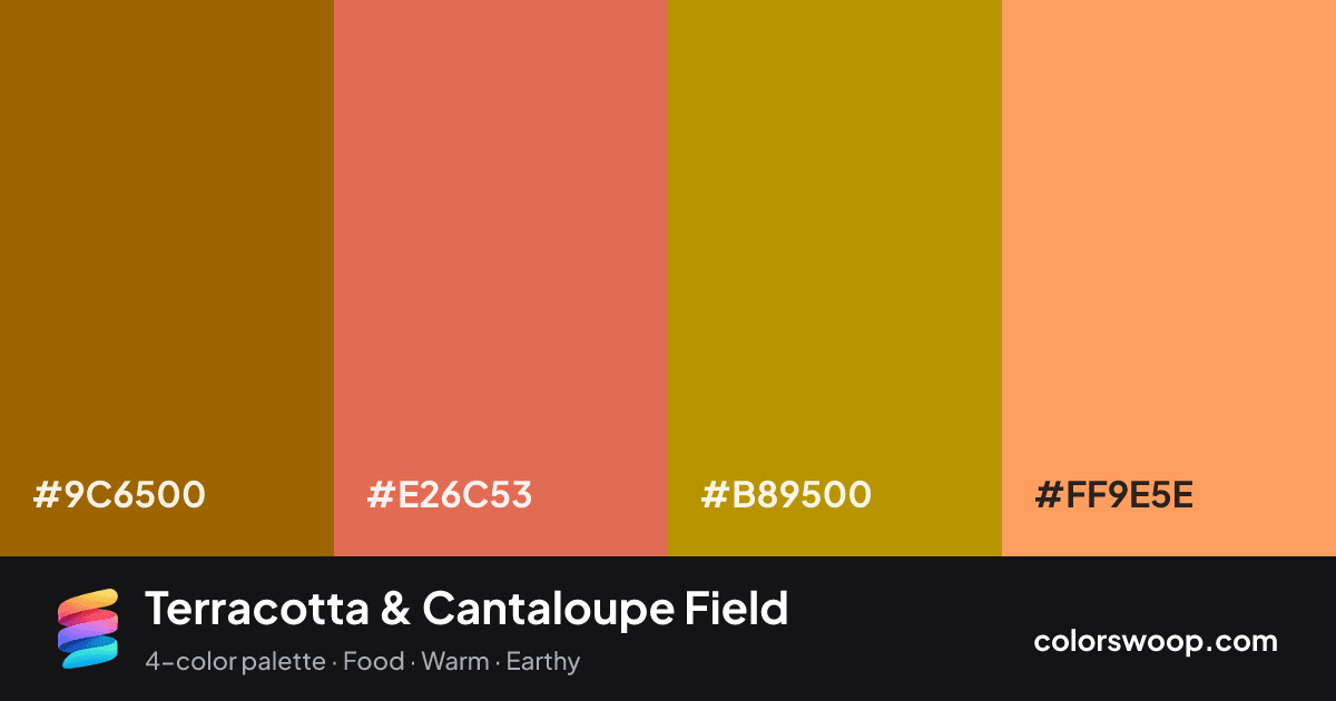 Terracotta & Cantaloupe Field color palette card: Sienna #9C6500, Terracotta #E26C53, Caramel #B89500, Cantaloupe #FF9E5E