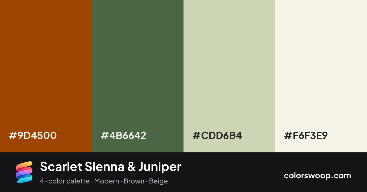 Scarlet Sienna & Juniper color palette card: Sienna #9D4500, Juniper #4B6642, Oat #CDD6B4, Linen #F6F3E9
