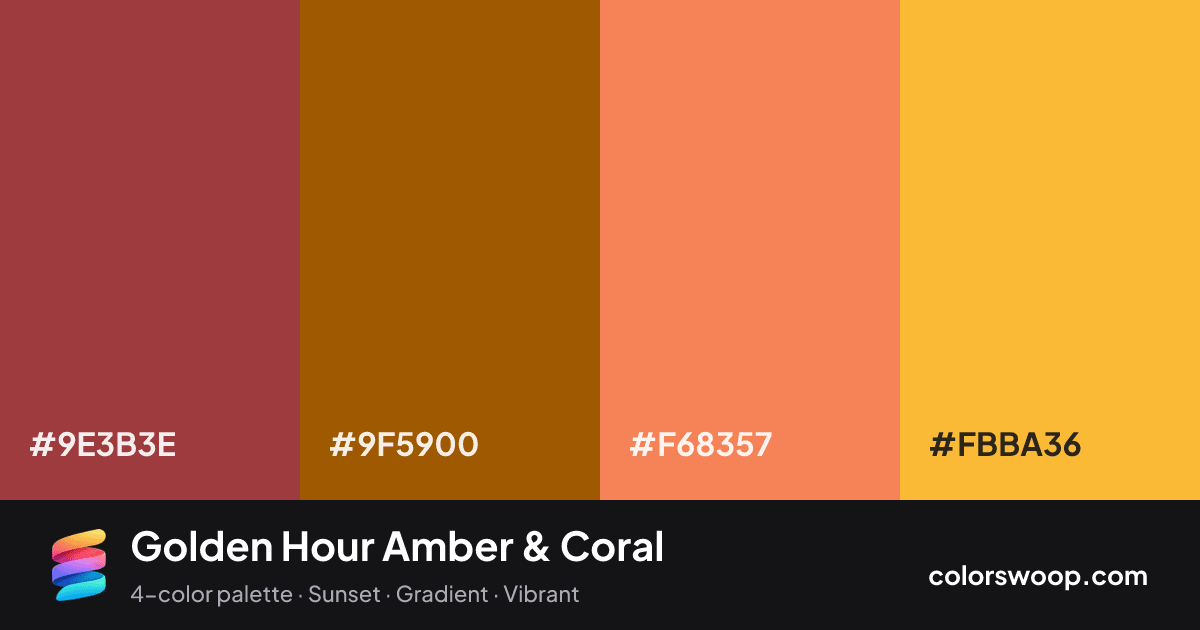 Golden Hour Amber & Coral color palette card: Chestnut #9E3B3E, Sienna #9F5900, Coral #F68357, Amber #FBBA36