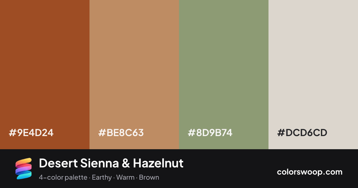 Desert Sienna & Hazelnut color palette card: Sienna #9E4D24, Hazelnut #BE8C63, Moss #8D9B74, Bone #DCD6CD