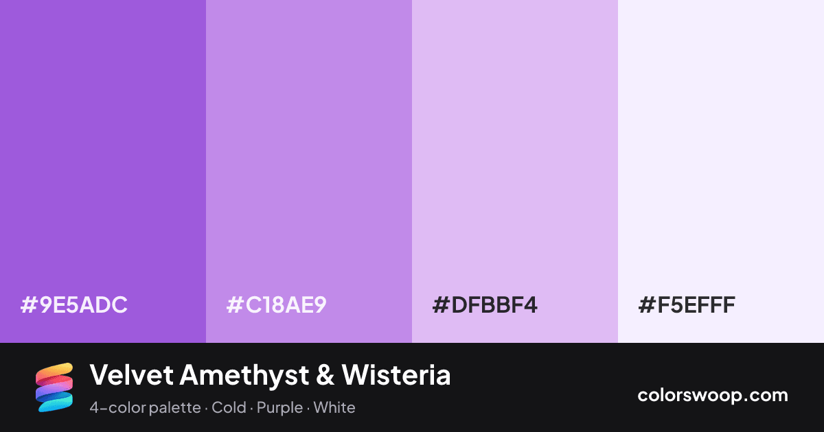 Velvet Amethyst & Wisteria color palette card: Amethyst #9E5ADC, Wisteria #C18AE9, Mauve #DFBBF4, Frost #F5EFFF