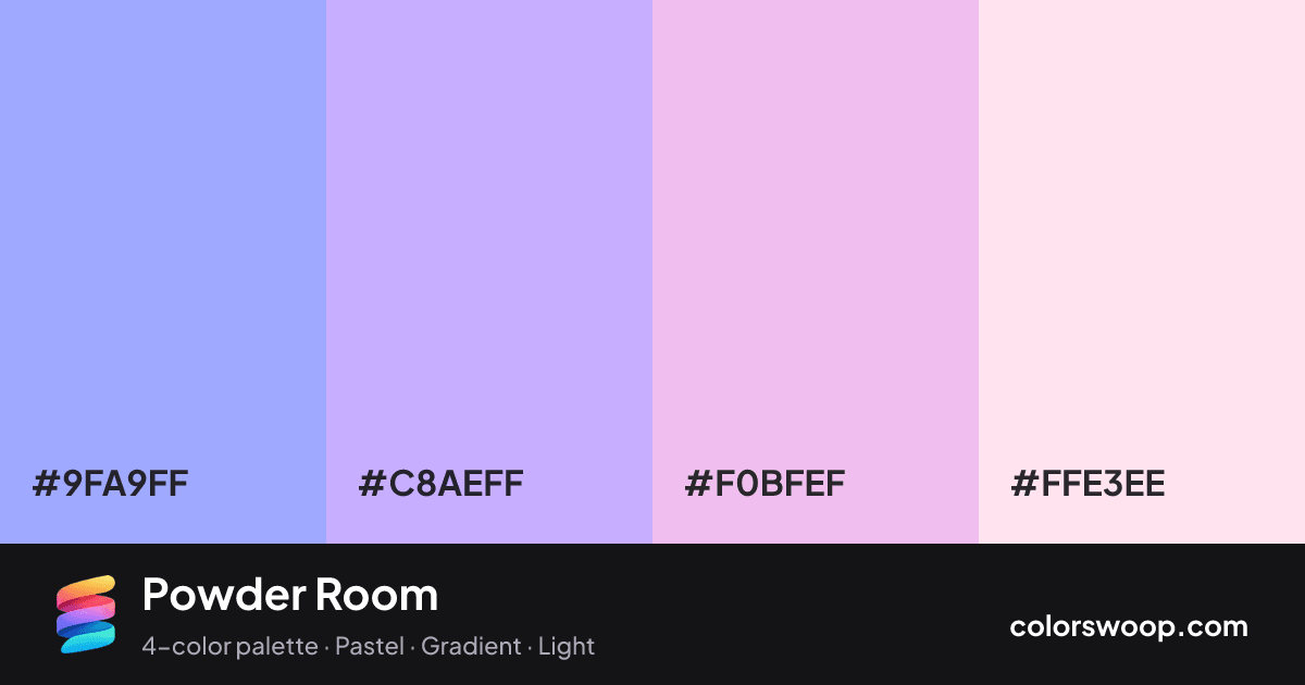 Powder Room color palette card: Wisteria #9FA9FF, Mauve #C8AEFF, Cotton Candy #F0BFEF, Petal #FFE3EE