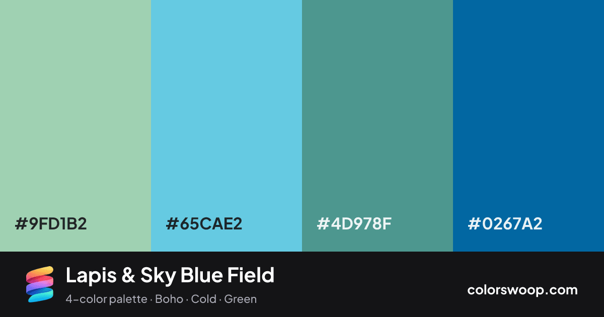 Lapis & Sky Blue Field color palette card: Celadon #9FD1B2, Sky Blue #65CAE2, Cadet #4D978F, Lapis #0267A2