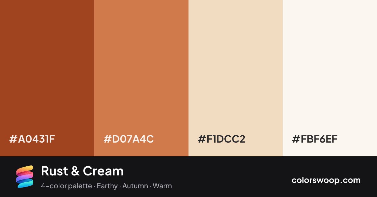 Rust & Cream color palette card: Chestnut #A0431F, Bronze #D07A4C, Pearl #F1DCC2, Smoke #FBF6EF