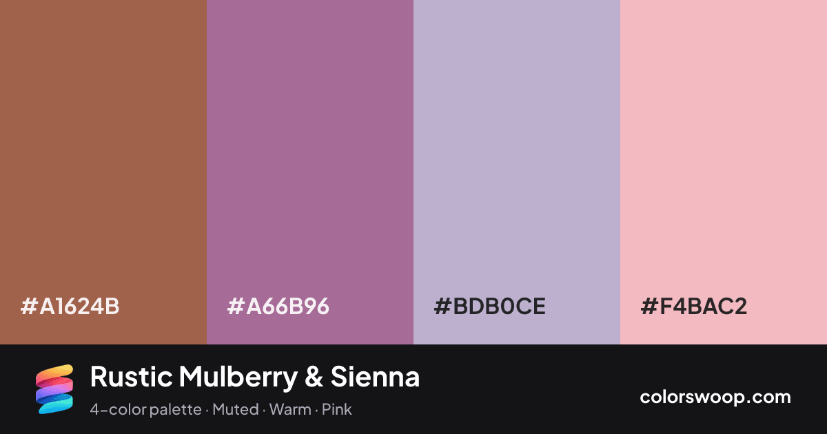 Rustic Mulberry & Sienna color palette card: Sienna #A1624B, Mulberry #A66B96, Heather #BDB0CE, Baby Pink #F4BAC2