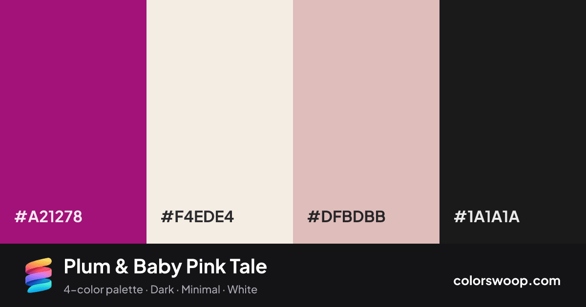 Plum & Baby Pink Tale color palette card: Plum #A21278, Linen #F4EDE4, Baby Pink #DFBDBB, Licorice #1A1A1A