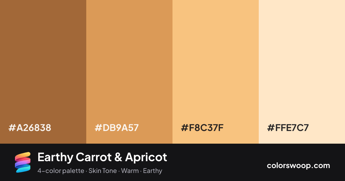 Earthy Carrot & Apricot color palette card: Clay #A26838, Carrot #DB9A57, Apricot #F8C37F, Bisque #FFE7C7