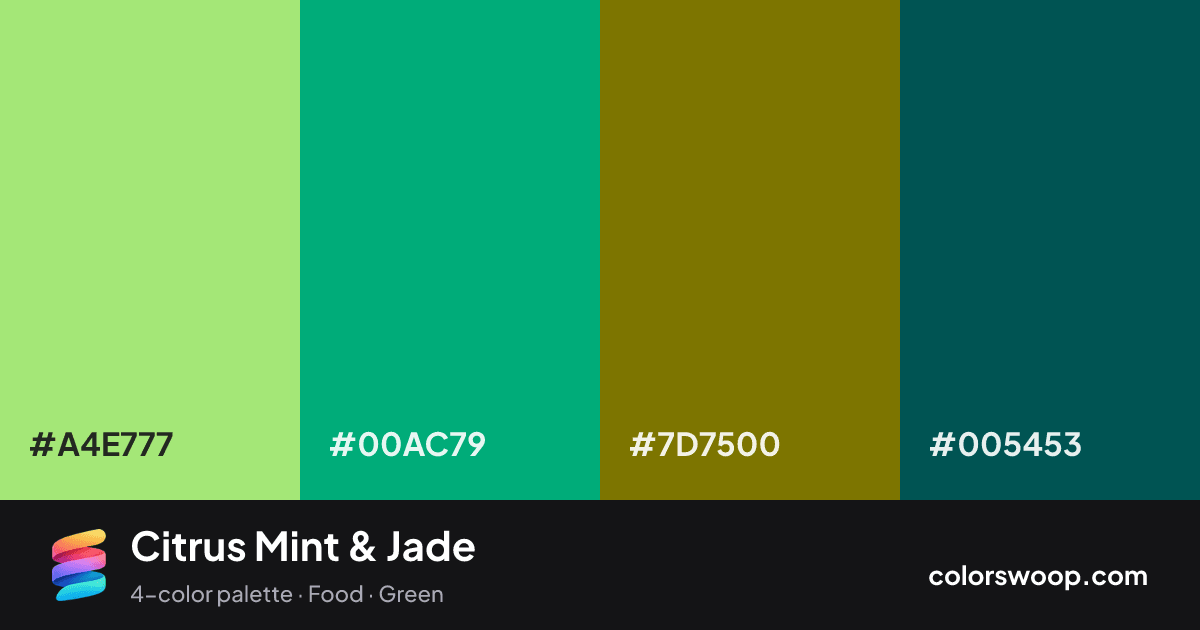 Citrus Mint & Jade color palette card: Mint #A4E777, Jade #00AC79, Olive #7D7500, Peacock #005453