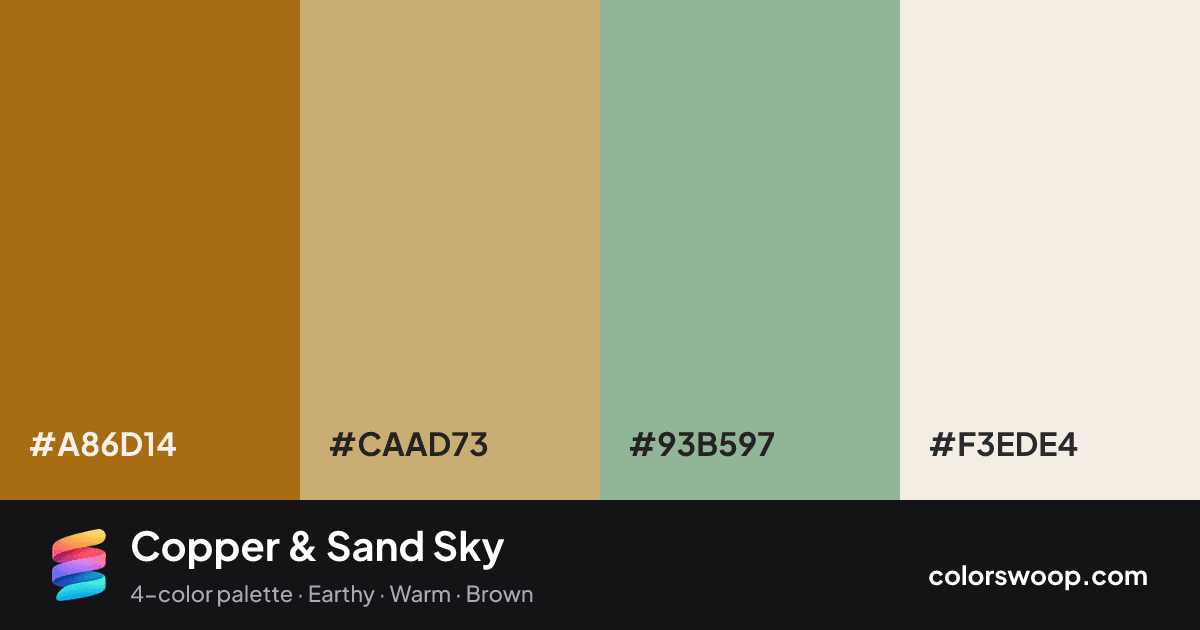 Copper & Sand Sky color palette card: Copper #A86D14, Sand #CAAD73, Sage #93B597, Linen #F3EDE4