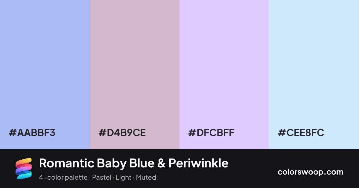 Romantic Baby Blue & Periwinkle color palette card: Baby Blue #AABBF3, Thistle #D4B9CE, Periwinkle #DFCBFF, Ice #CEE8FC