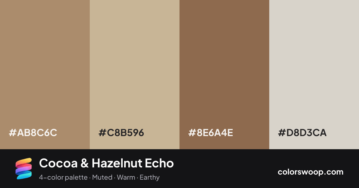 Cocoa & Hazelnut Echo color palette card: Hazelnut #AB8C6C, Khaki #C8B596, Cocoa #8E6A4E, Fog #D8D3CA