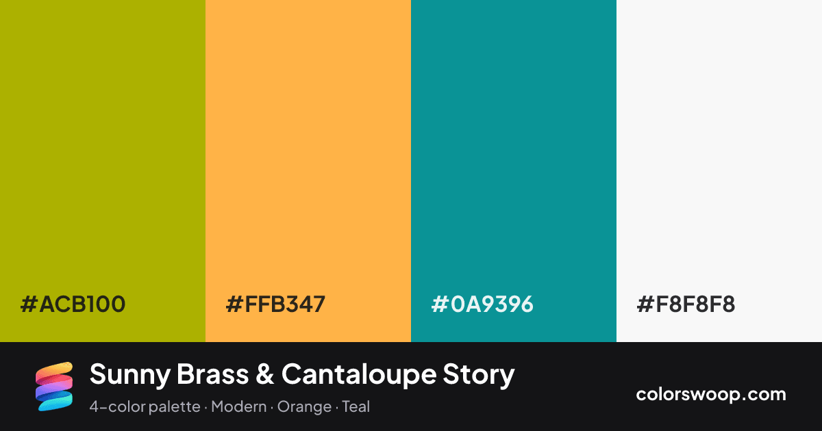 Sunny Brass & Cantaloupe Story color palette card: Brass #ACB100, Cantaloupe #FFB347, Teal #0A9396, Smoke #F8F8F8