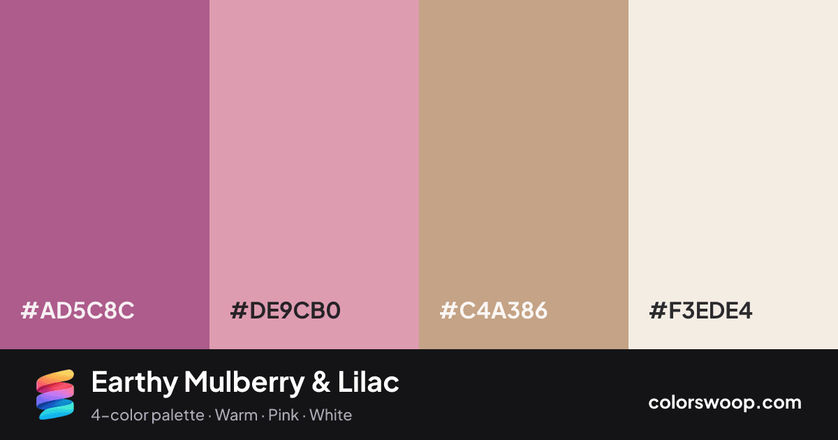 Earthy Mulberry & Lilac color palette card: Mulberry #AD5C8C, Lilac #DE9CB0, Latte #C4A386, Linen #F3EDE4