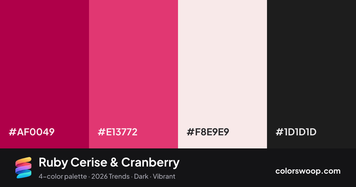 Ruby Cerise & Cranberry color palette card: Cranberry #AF0049, Cerise #E13772, Linen #F8E9E9, Raisin #1D1D1D