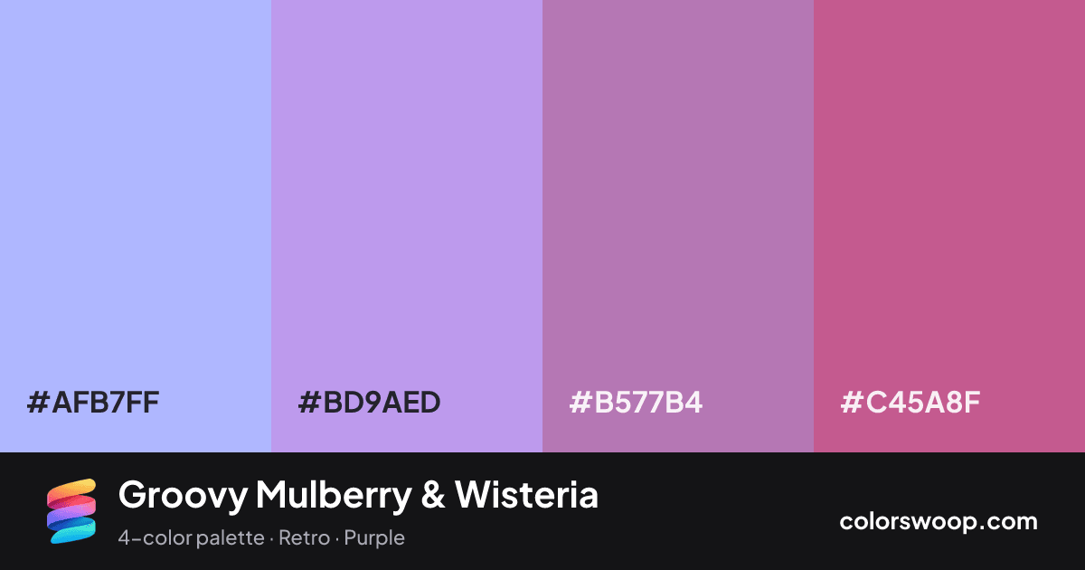 Groovy Mulberry & Wisteria color palette card: Mauve #AFB7FF, Wisteria #BD9AED, Amethyst #B577B4, Mulberry #C45A8F