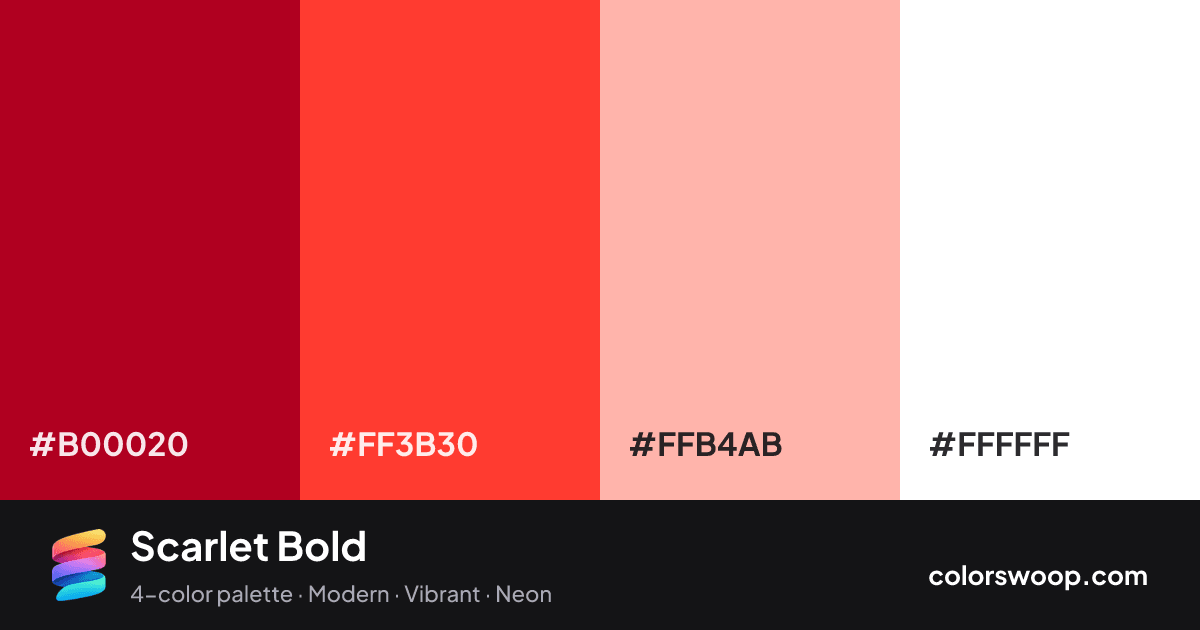 Scarlet Bold color palette card: Cranberry #B00020, Scarlet #FF3B30, Melon #FFB4AB, White #FFFFFF