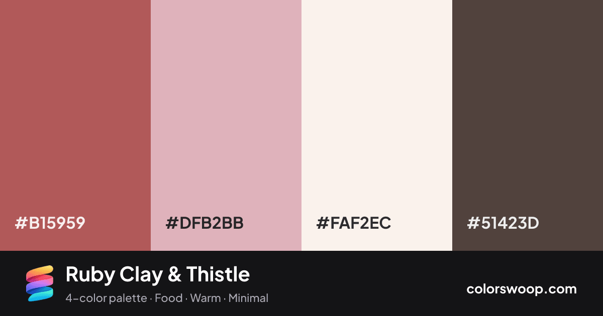 Ruby Clay & Thistle color palette card: Clay #B15959, Thistle #DFB2BB, Linen #FAF2EC, Walnut #51423D