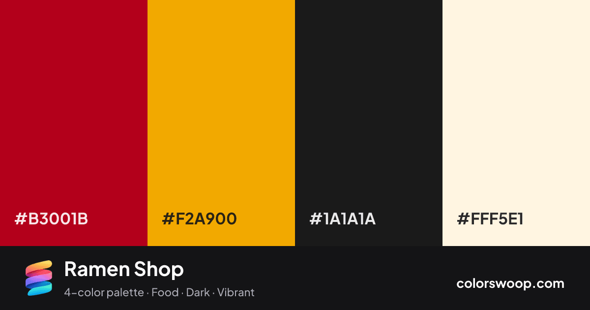 Ramen Shop color palette card: Chili #B3001B, Orange #F2A900, Licorice #1A1A1A, Buttercream #FFF5E1