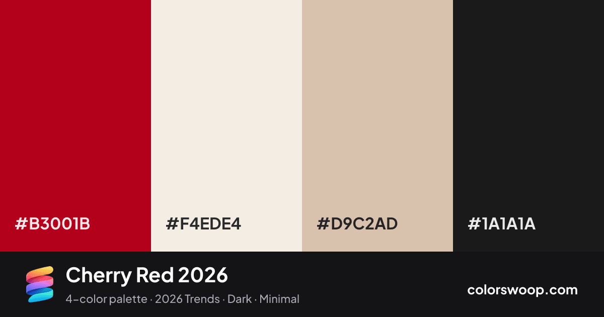 Cherry Red 2026 color palette card: Chili #B3001B, Linen #F4EDE4, Putty #D9C2AD, Licorice #1A1A1A