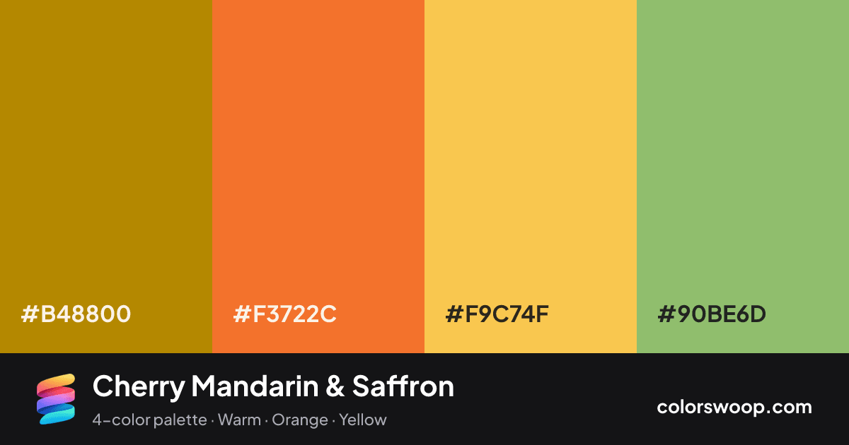 Cherry Mandarin & Saffron color palette card: Caramel #B48800, Mandarin #F3722C, Saffron #F9C74F, Pistachio #90BE6D