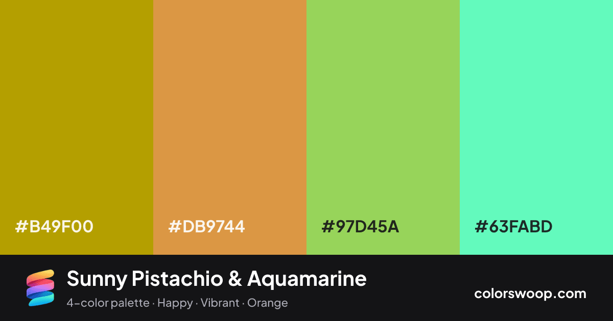 Sunny Pistachio & Aquamarine color palette card: Brass #B49F00, Carrot #DB9744, Pistachio #97D45A, Aquamarine #63FABD