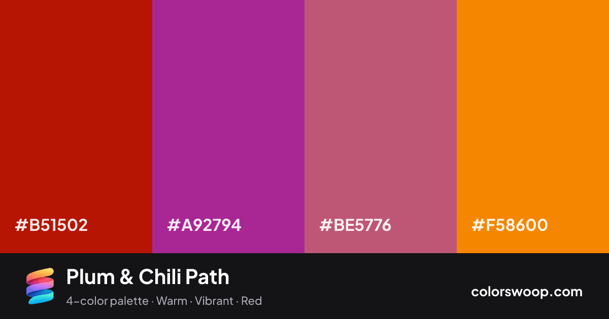 Plum & Chili Path color palette card: Chili #B51502, Plum #A92794, Mulberry #BE5776, Tangerine #F58600
