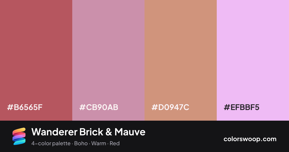 Wanderer Brick & Mauve color palette card: Brick #B6565F, Lilac #CB90AB, Latte #D0947C, Mauve #EFBBF5