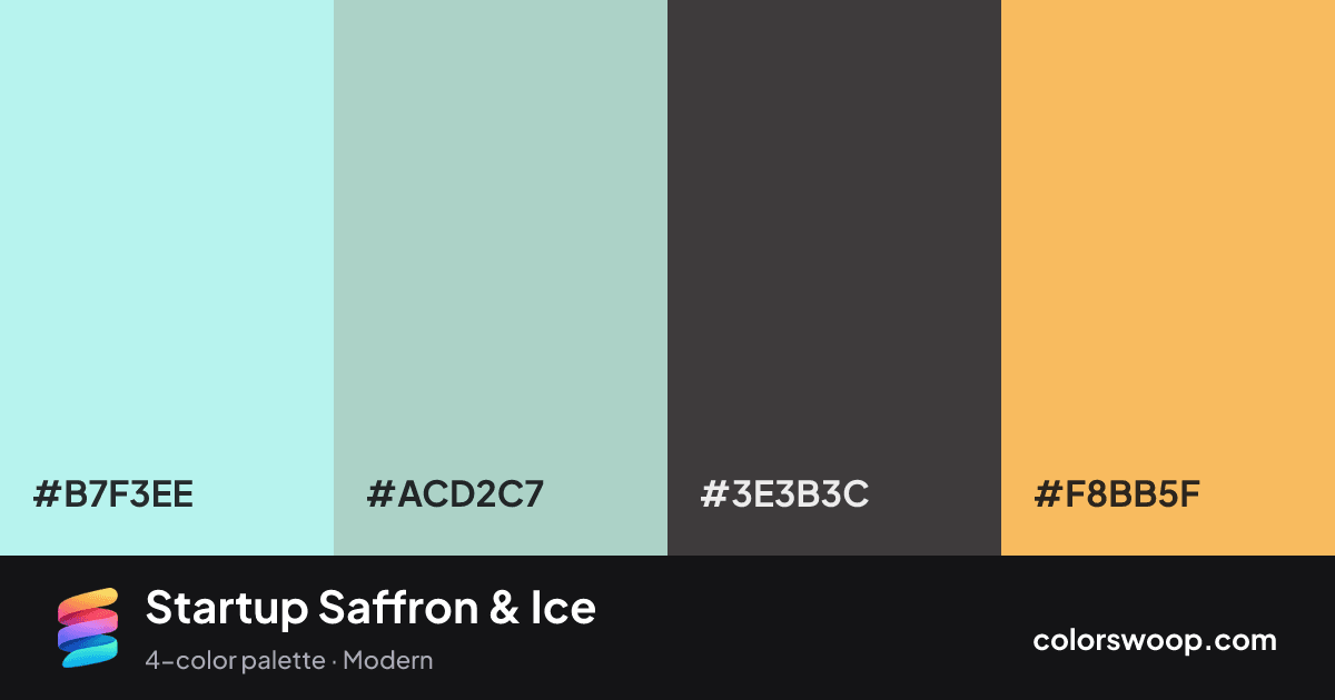 Startup Saffron & Ice color palette card: Ice #B7F3EE, Powder Blue #ACD2C7, Iron #3E3B3C, Saffron #F8BB5F