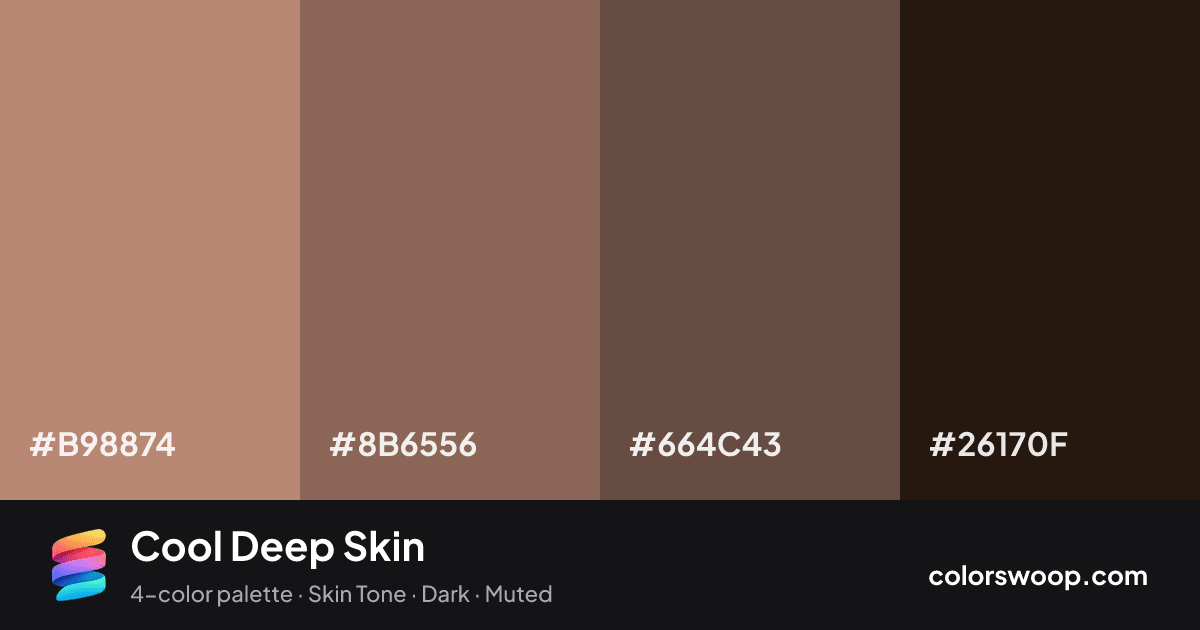 Cool Deep Skin color palette card: Hazelnut #B98874, Cocoa #8B6556, Umber #664C43, Licorice #26170F