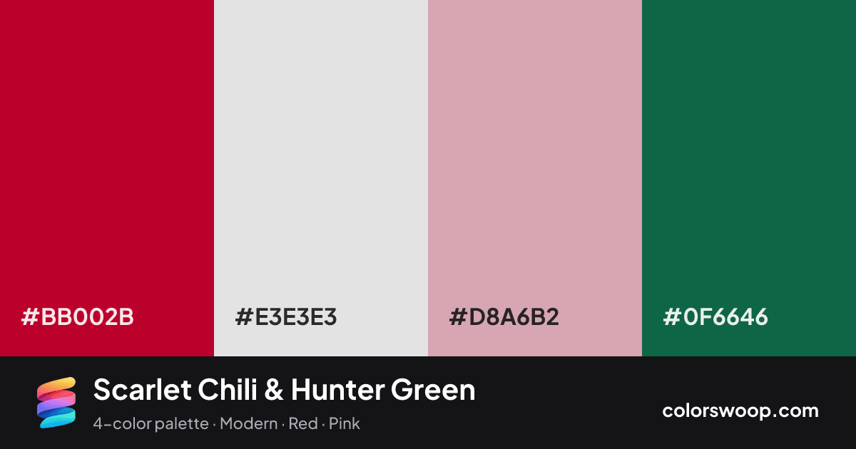 Scarlet Chili & Hunter Green color palette card: Chili #BB002B, Ice #E3E3E3, Lilac #D8A6B2, Hunter Green #0F6646