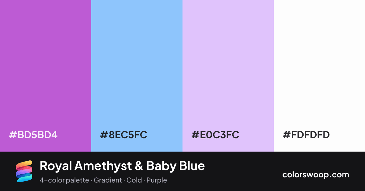 Royal Amethyst & Baby Blue color palette card: Amethyst #BD5BD4, Baby Blue #8EC5FC, Periwinkle #E0C3FC, White #FDFDFD