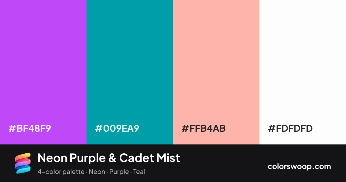 Neon Purple & Cadet Mist color palette card: Neon Purple #BF48F9, Cadet #009EA9, Melon #FFB4AB, White #FDFDFD