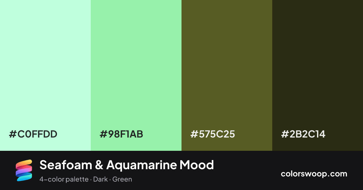 Seafoam & Aquamarine Mood color palette card: Aquamarine #C0FFDD, Seafoam #98F1AB, Hunter Green #575C25, Espresso #2B2C14