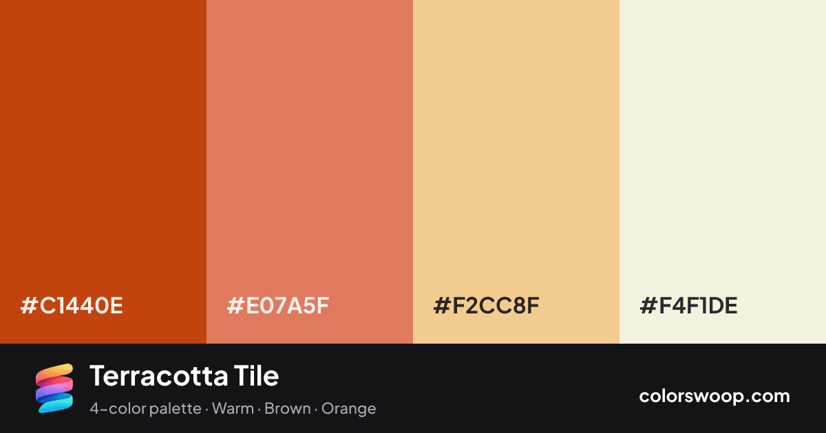 Terracotta Tile color palette card: Mahogany #C1440E, Terracotta #E07A5F, Apricot #F2CC8F, Beige #F4F1DE