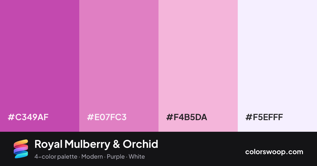 Royal Mulberry & Orchid color palette card: Mulberry #C349AF, Orchid #E07FC3, Cotton Candy #F4B5DA, Frost #F5EFFF