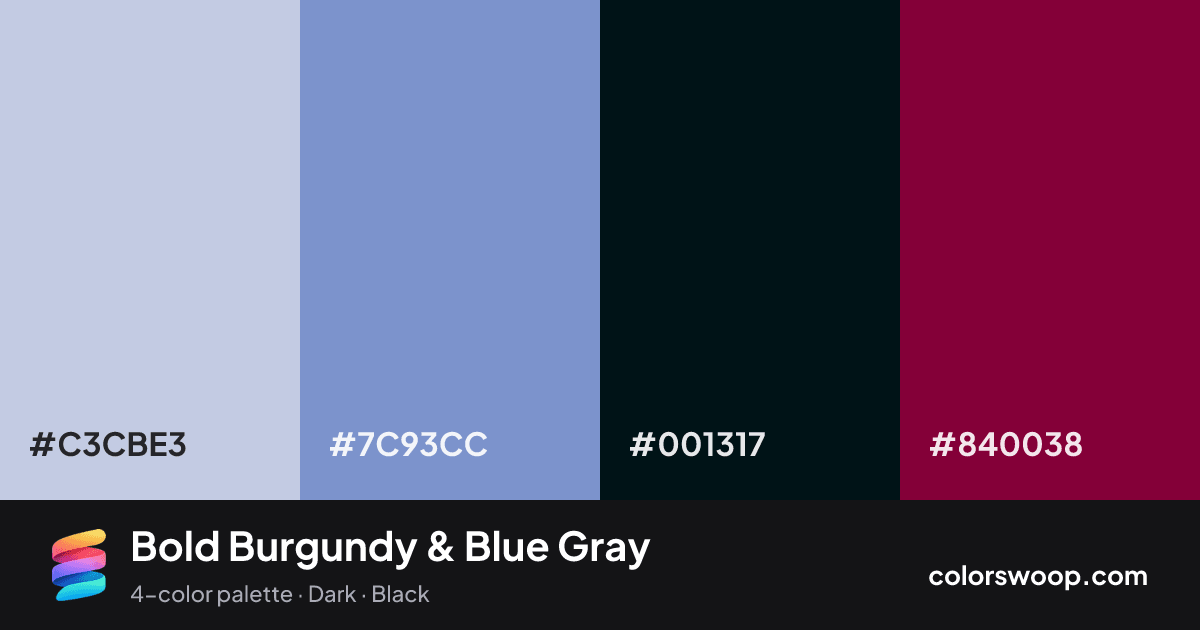 Bold Burgundy & Blue Gray color palette card: Lavender Gray #C3CBE3, Blue Gray #7C93CC, Obsidian #001317, Burgundy #840038