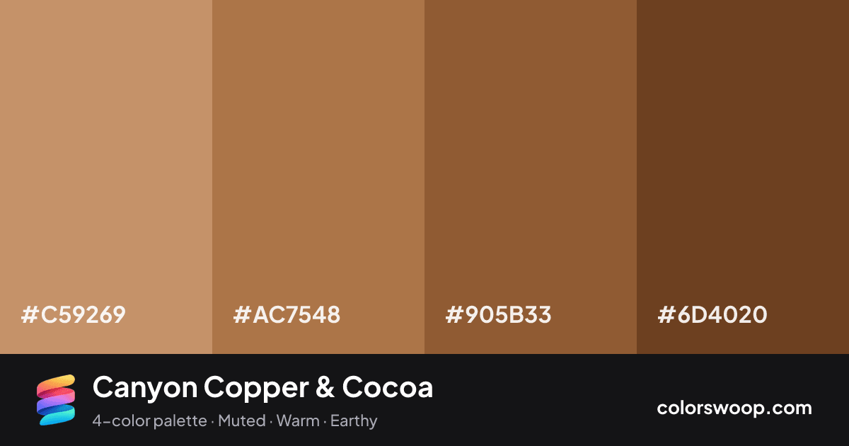 Canyon Copper & Cocoa color palette card: Camel #C59269, Copper #AC7548, Cocoa #905B33, Sepia #6D4020