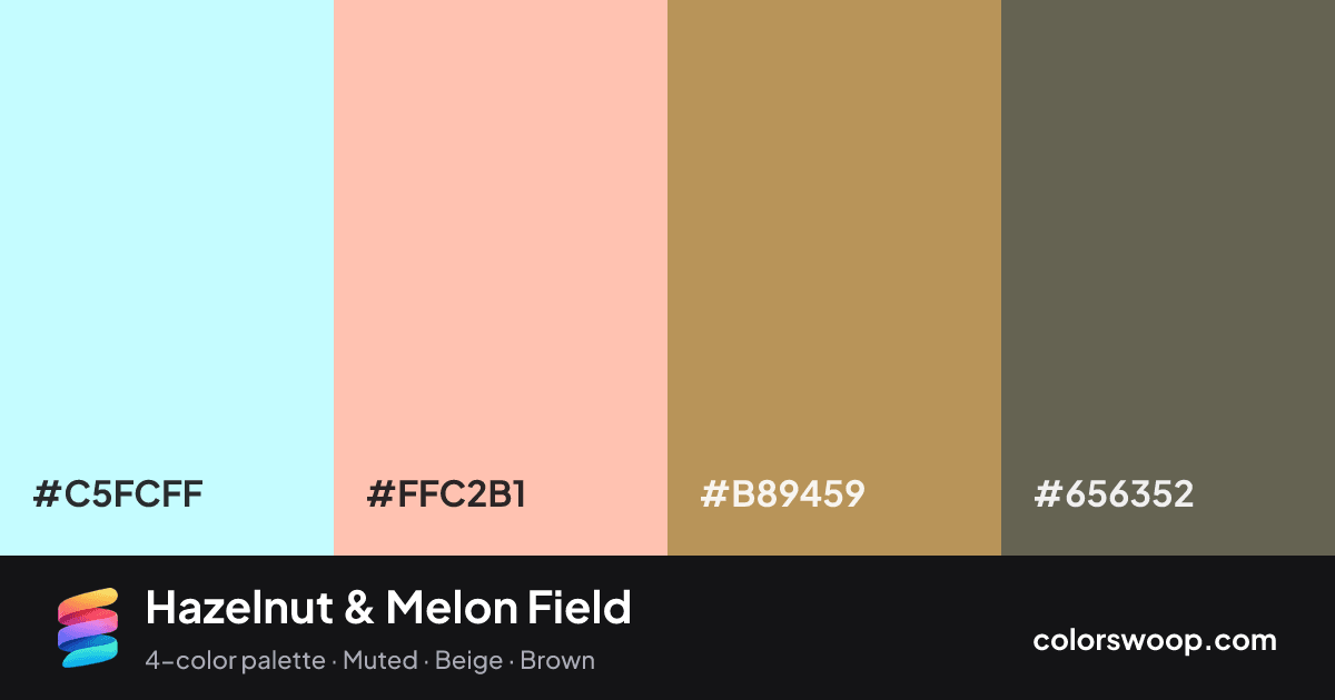 Hazelnut & Melon Field color palette card: Ice #C5FCFF, Melon #FFC2B1, Hazelnut #B89459, Storm #656352