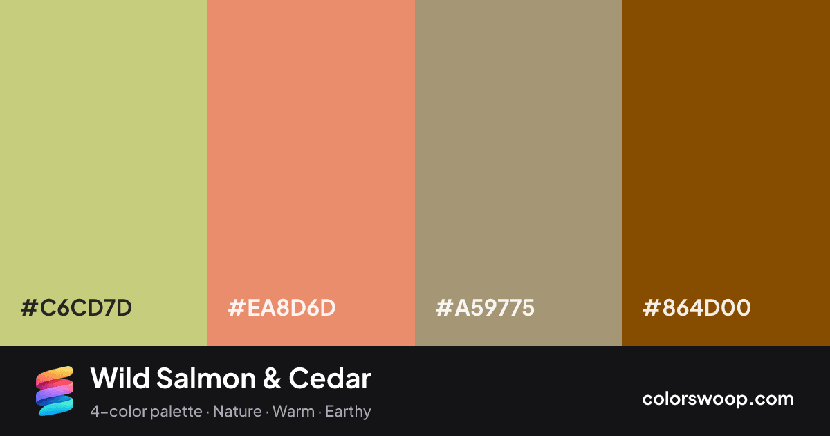 Wild Salmon & Cedar color palette card: Celadon #C6CD7D, Salmon #EA8D6D, Hazelnut #A59775, Cedar #864D00