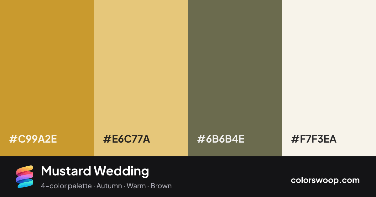 Mustard Wedding color palette card: Caramel #C99A2E, Saffron #E6C77A, Dove Gray #6B6B4E, Linen #F7F3EA
