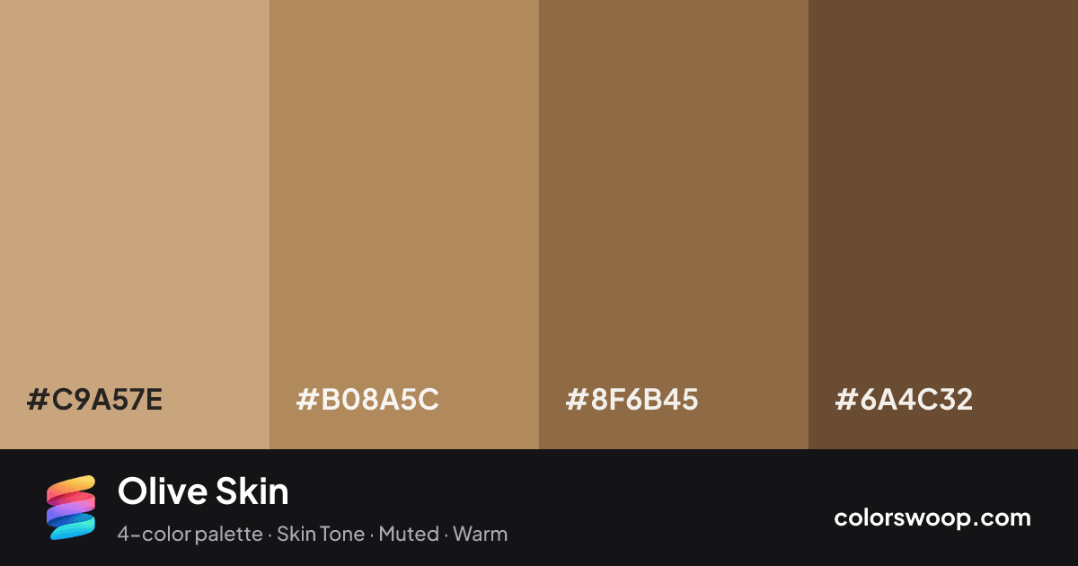 Olive Skin color palette card: Latte #C9A57E, Hazelnut #B08A5C, Cocoa #8F6B45, Coffee #6A4C32