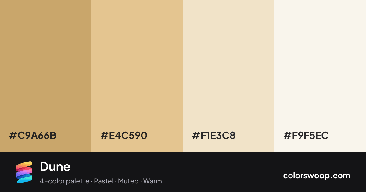 Dune color palette card: Latte #C9A66B, Putty #E4C590, Pearl #F1E3C8, Linen #F9F5EC