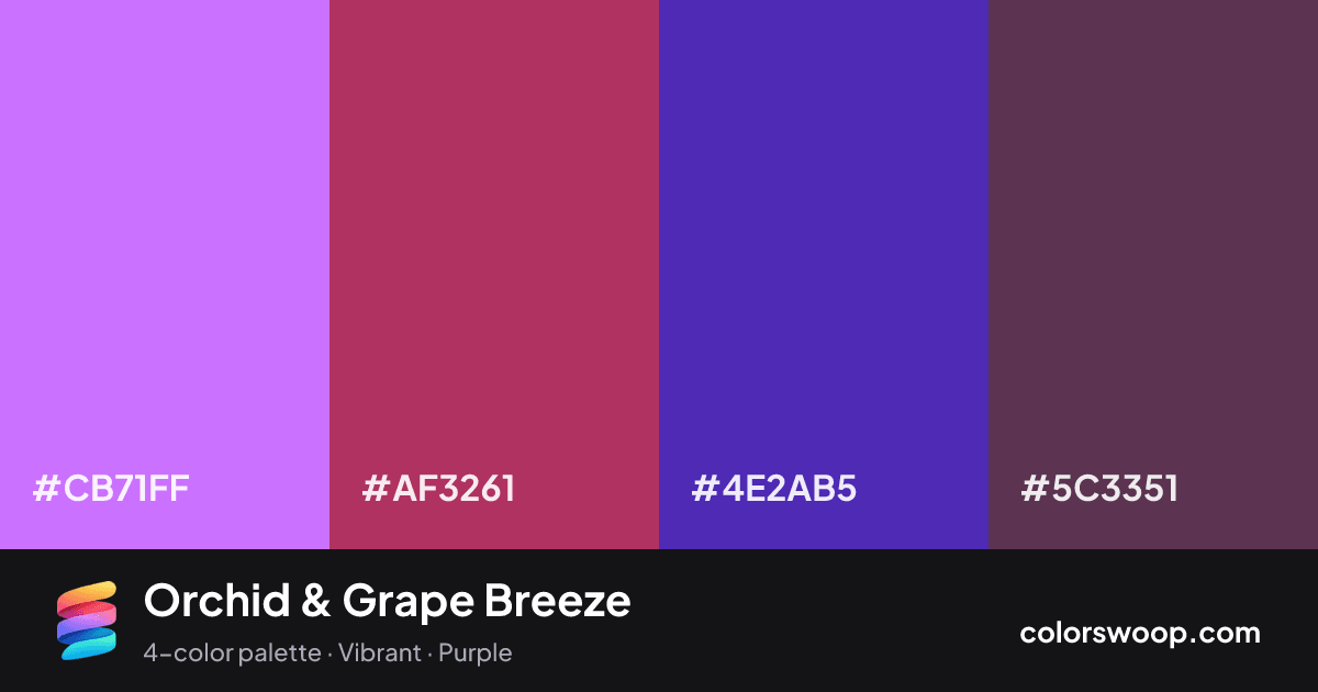Orchid & Grape Breeze color palette card: Orchid #CB71FF, Magenta #AF3261, Grape #4E2AB5, Plum Purple #5C3351