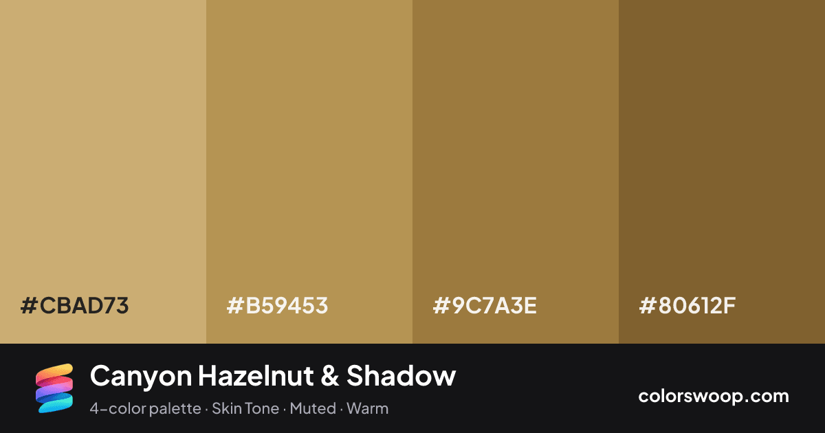 Canyon Hazelnut & Shadow color palette card: Sand #CBAD73, Hazelnut #B59453, Shadow #9C7A3E, Cocoa #80612F