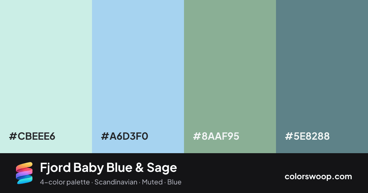 Fjord Baby Blue & Sage color palette card: Ice #CBEEE6, Baby Blue #A6D3F0, Sage #8AAF95, Slate #5E8288