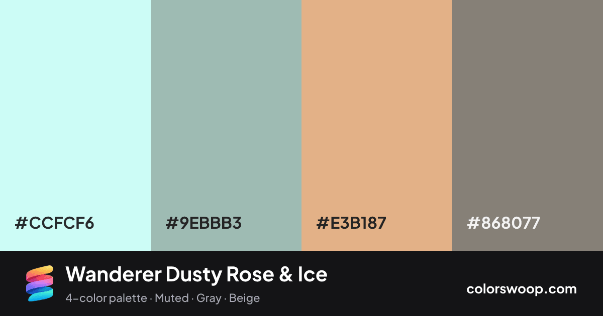 Wanderer Dusty Rose & Ice color palette card: Ice #CCFCF6, Ash #9EBBB3, Dusty Rose #E3B187, Gray #868077