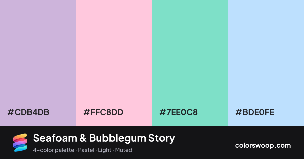 Seafoam & Bubblegum Story color palette card: Thistle #CDB4DB, Bubblegum #FFC8DD, Seafoam #7EE0C8, Glacier #BDE0FE