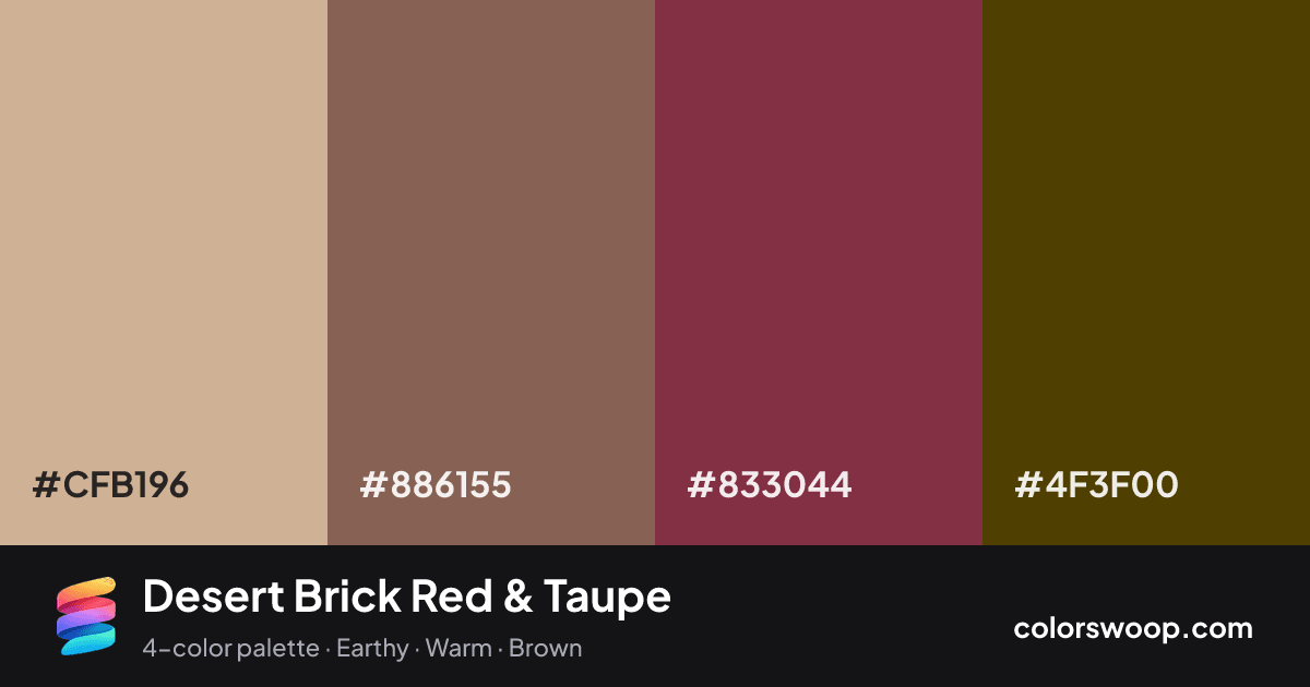 Desert Brick Red & Taupe color palette card: Tan #CFB196, Cocoa #886155, Brick Red #833044, Taupe #4F3F00