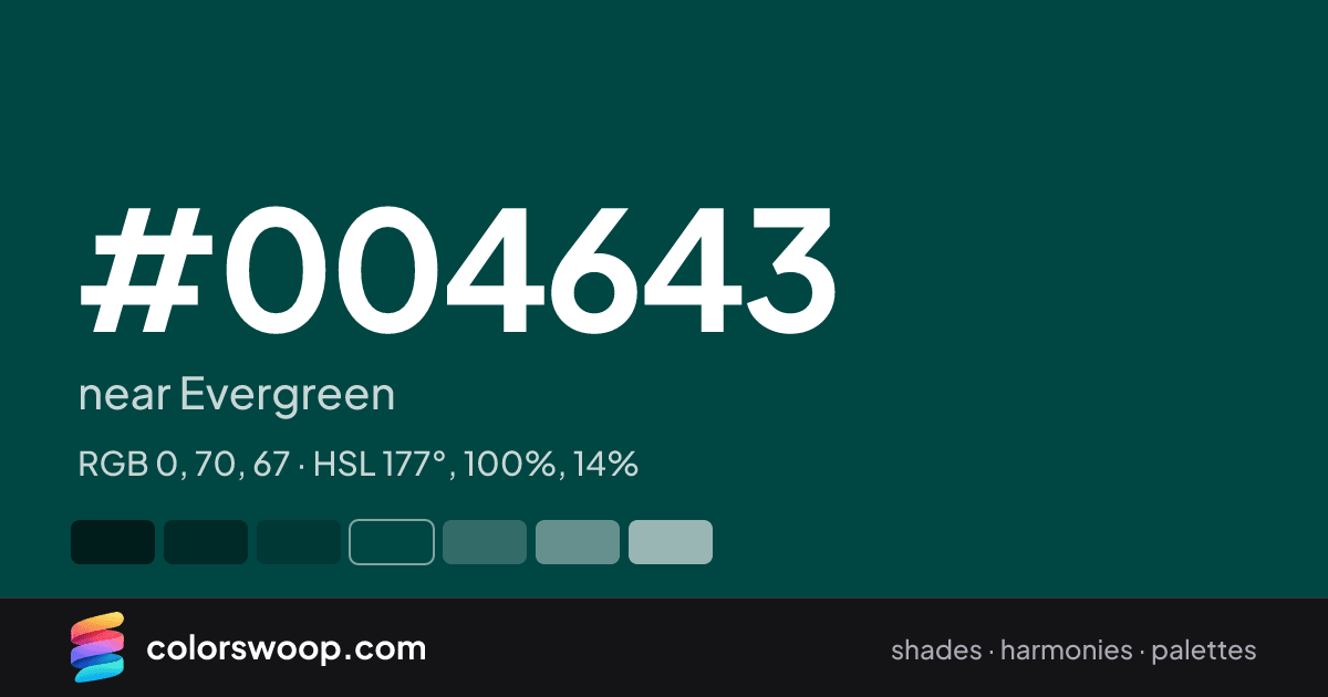#004643 hex color card: near Evergreen, RGB 0, 70, 67