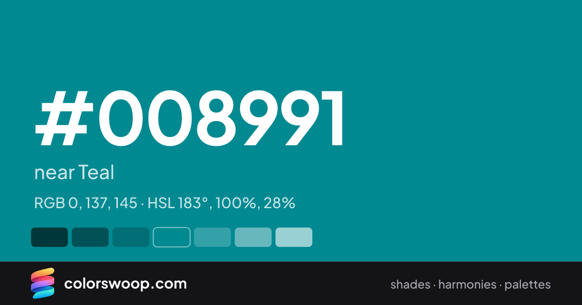 #008991 hex color card: near Teal, RGB 0, 137, 145